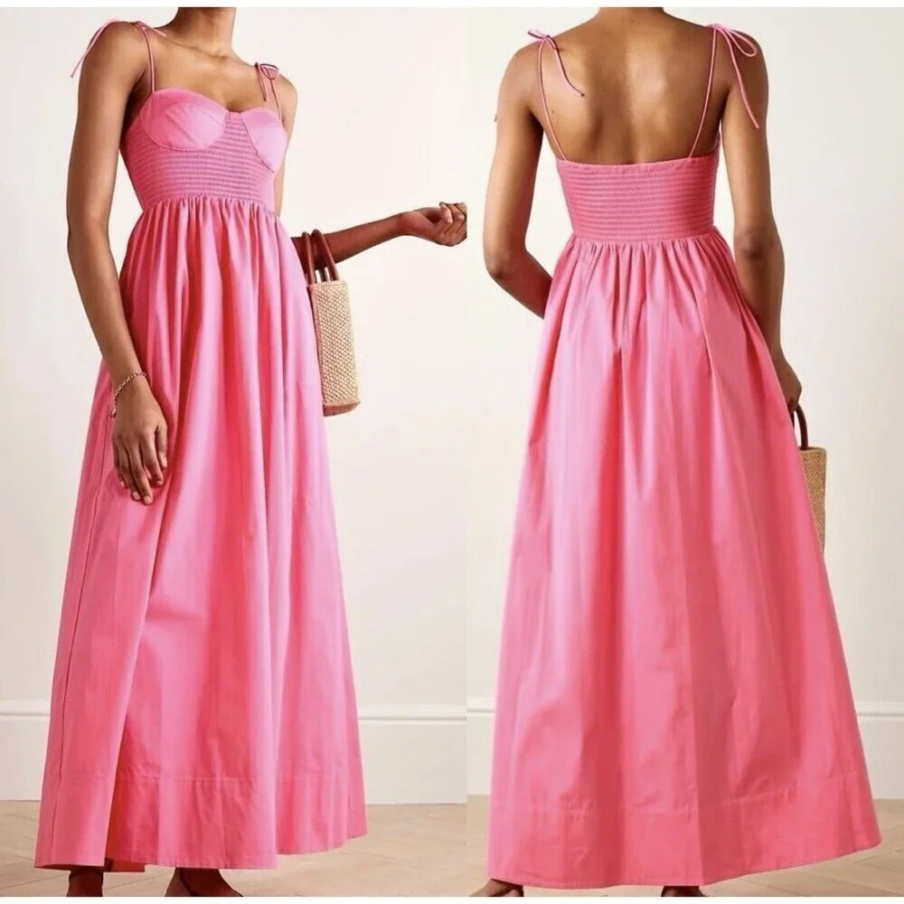STAUD Landry Shoulder-Tie Smocked Maxi Dress L Wedding Guest Picnic Romantic